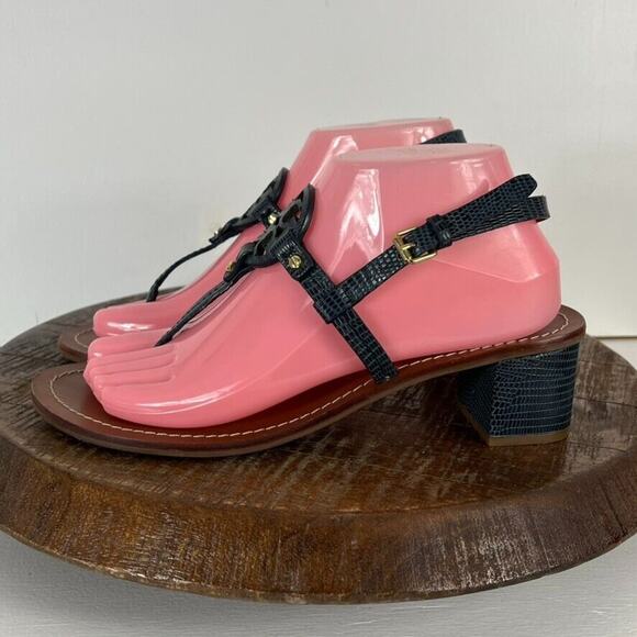 Tory Burch Sandal Women 8 Blue Mini Miller Leather Lizard-Print Thong Block Heel - Picture 2 of 10